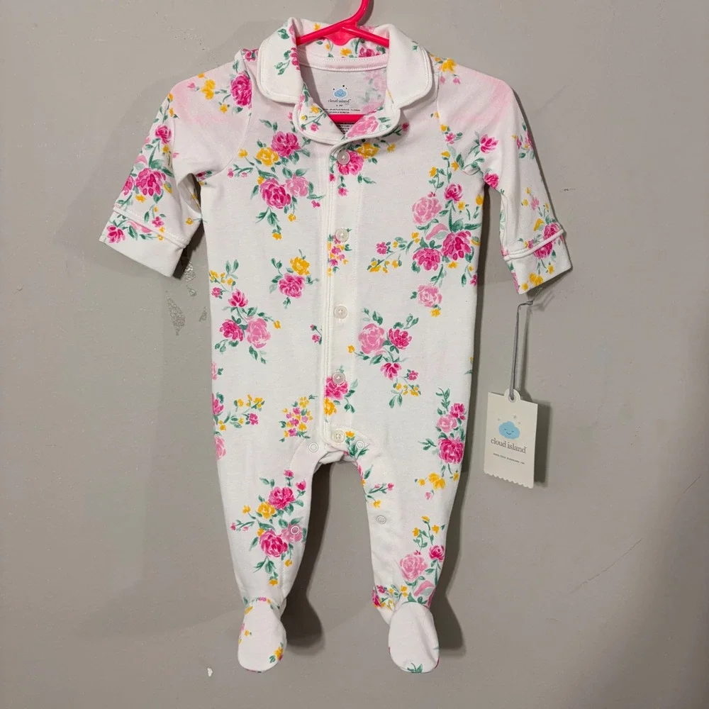 Cloud Island Floral Footed Sleeper Baby 0-3M White Pink NEW Peter Pan Collar Ros
